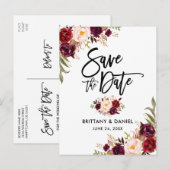 Modern penseelscript Bourgundy Floral Save the Dat Aankondigingskaart (Voorkant / Achterkant)