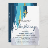 Modern penseelscript Gold en Blue Christening Kaart (Voorkant / Achterkant)