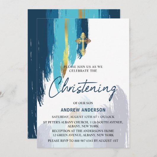 Modern penseelscript Gold en Blue Christening Kaart (Voorkant / Achterkant)