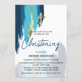 Modern penseelscript Gold en Blue Christening Kaart
