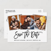 Modern penseelscript Sla de datum 3 fotocollage op Briefkaart (Voorkant / Achterkant)