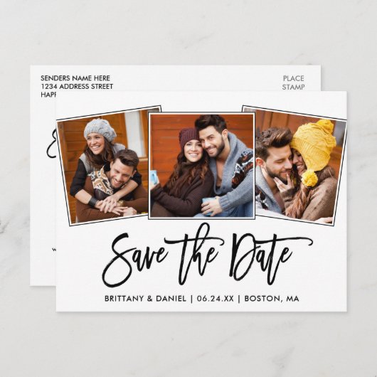 Modern penseelscript Sla de datum 3 fotocollage op Briefkaart (Voorkant / Achterkant)