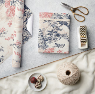 Modern Peoney Bloemen Blauw Toile de Jouy Patroon Cadeaupapier