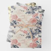 Modern Peoney Bloemen Blauw Toile de Jouy Patroon Inpakpapier Vel (In situ)