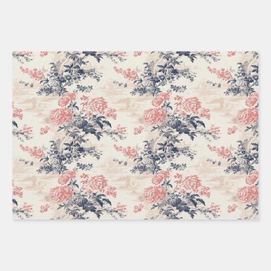 Modern Peoney Bloemen Blauw Toile de Jouy Patroon Inpakpapier Vel (Voorkant)