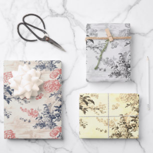 Modern Peoney Bloemen Blauw Toile de Jouy Patroon Inpakpapier Vel