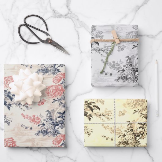 Modern Peoney Bloemen Blauw Toile de Jouy Patroon Inpakpapier Vel (Voorkant)