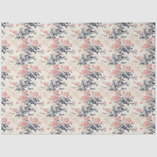 Modern Peoney Bloemen Blauw Toile de Jouy Patroon Tissuepapier (Voorkant)