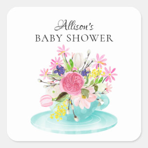 Modern Peony Floral Baby ShowerTea Vierkante Sticker