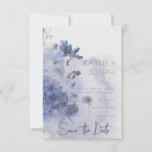 Modern Periwinkle Blue Waterverf Wildbloemen Save The Date (Voorkant)