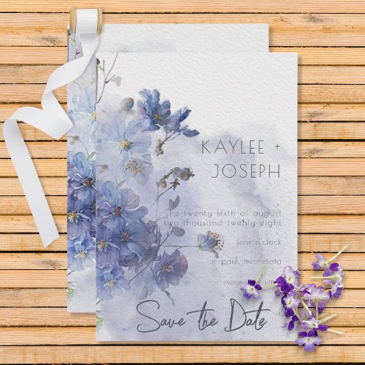 Modern Periwinkle Blue Waterverf Wildbloemen Save The Date
