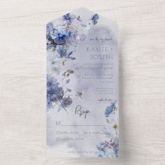 Modern Periwinkle Blue Wildbloemen geen avondeten All In One Uitnodiging (Binnen)