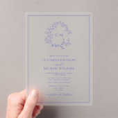 Modern Periwinkle Leafy Crest Monogram Weddenschap Acryl Uitnodigingen (Insitu (Draagbaar))