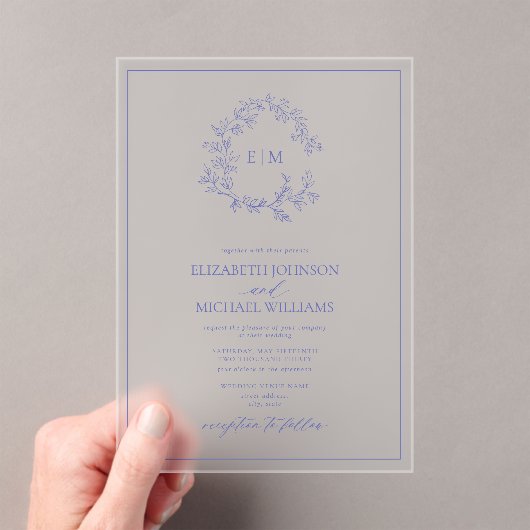 Modern Periwinkle Leafy Crest Monogram Weddenschap Acryl Uitnodigingen (Insitu (Draagbaar))