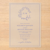 Modern Periwinkle Leafy Crest Monogram Weddenschap Acryl Uitnodigingen (Voorkant)