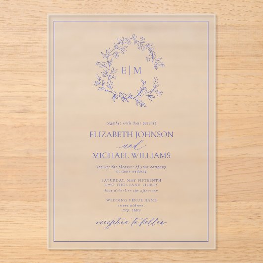 Modern Periwinkle Leafy Crest Monogram Weddenschap Acryl Uitnodigingen (Voorkant)