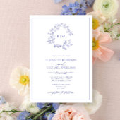 Modern Periwinkle Leafy Crest Monogram Weddenschap Kaart
