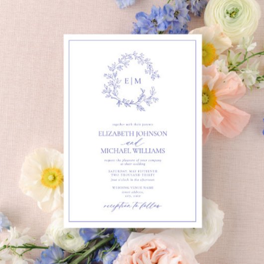 Modern Periwinkle Leafy Crest Monogram Weddenschap Kaart