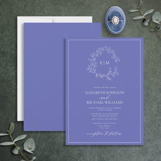 Modern Periwinkle Leafy Crest Monogram Weddenschap Kaart
