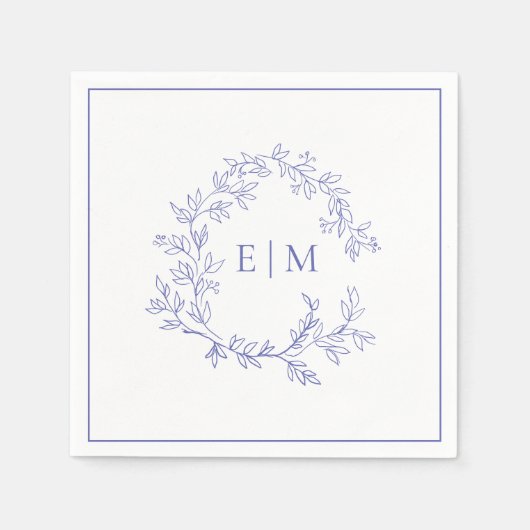 Modern Periwinkle Leafy Crest Monogram Weddenschap Servet (Voorkant)