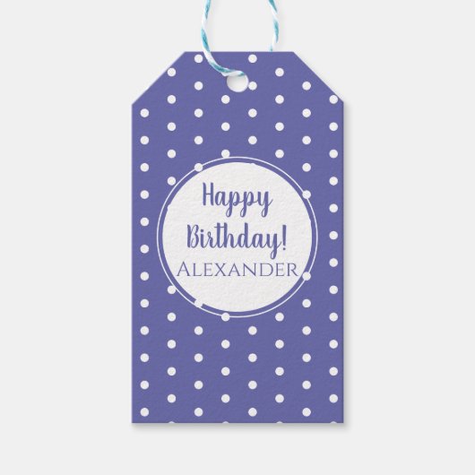 Modern Periwinkle Polka Dots Name Happy Birthday Cadeaulabel (Voorkant)