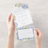 Modern Periwinkle & White Hydrangeas Dinner All In One Uitnodiging (Afscheurbaar)