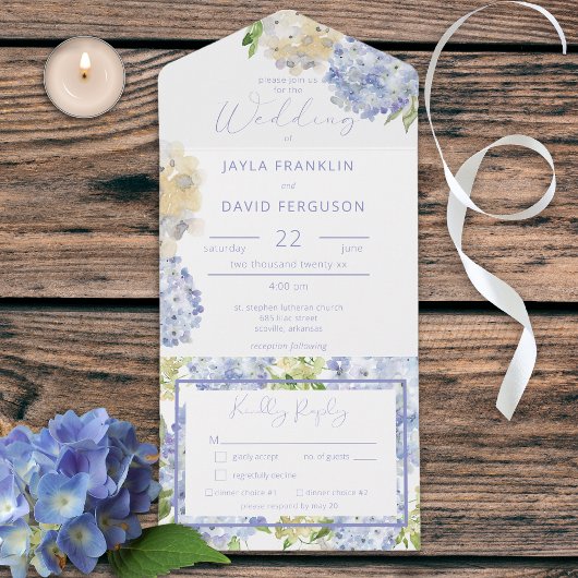 Modern Periwinkle & White Hydrangeas Dinner All In One Uitnodiging