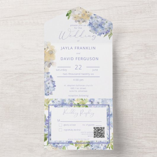 Modern Periwinkle & White Hydrangeas QR Code All In One Uitnodiging (Binnen)