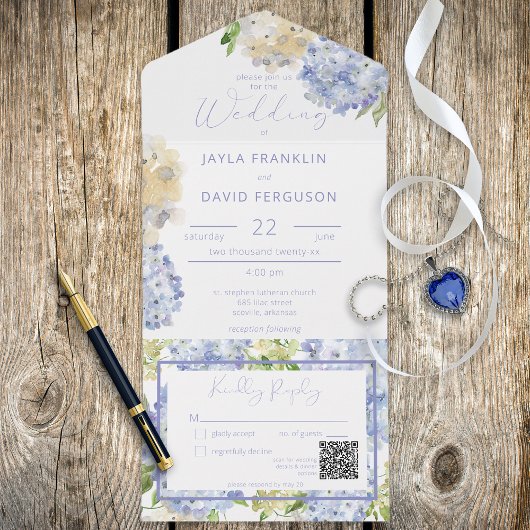Modern Periwinkle & White Hydrangeas QR Code All In One Uitnodiging
