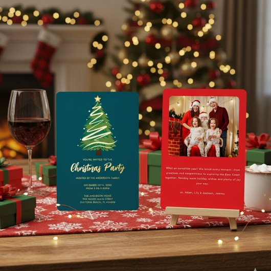 Modern Personalize Gold Red Green Tree Christmas  Folie Uitnodiging