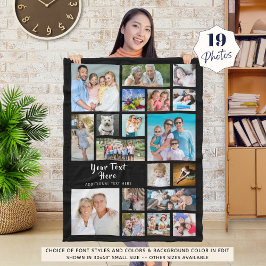 Modern Personalized 19 Photo Collage Black Fleece Deken