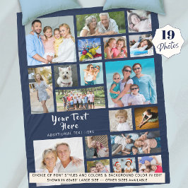 Modern Personalized 19 Photo Collage Navy Blue Fleece Deken