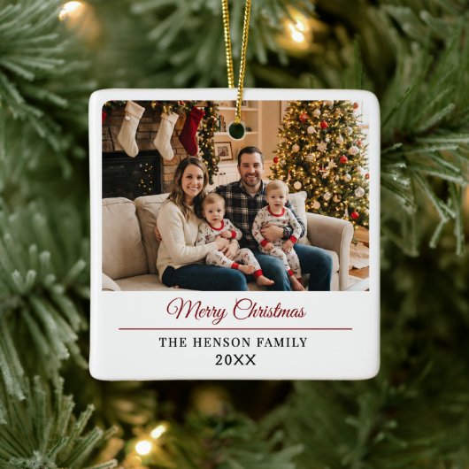Modern Personalized Family Photo Merry Christmas Keramisch Ornament (Boom)