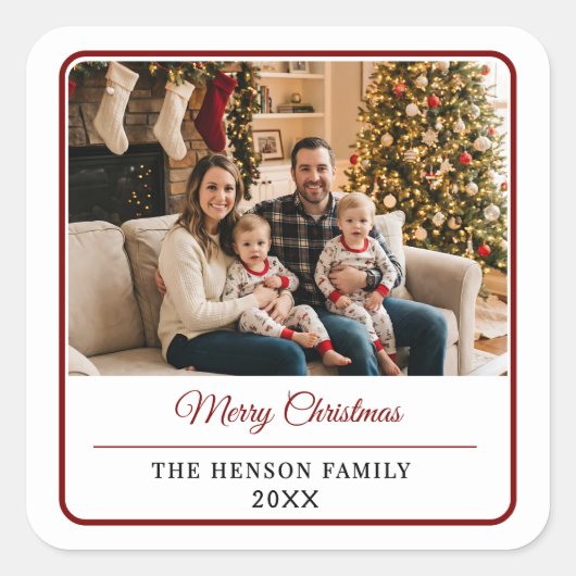 Modern Personalized Family Photo Merry Christmas Vierkante Sticker (Voorkant)