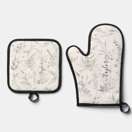 Modern Personalized Greenery Print Ovenwant & Pannenlap Set (Voorkant)