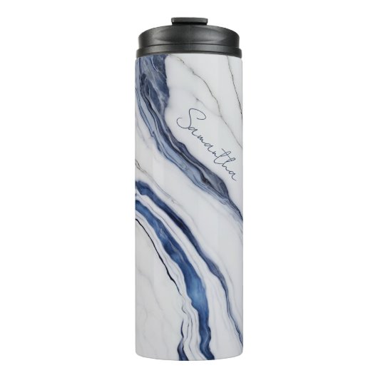 Modern Personalized Off-White Blue Marble  Thermosbeker (Voorkant)
