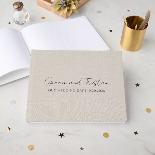 Modern Personalized Silver Gray Faux Linen Gastenboek (Voorkant open)