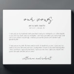 Modern Personalized Wedding Vows Plaque Fotoplaat<br><div class="desc">De dag van de bruiloft zegt het sleutelwoord om je speciale dag en je belofte aan elkaar te herinneren. Deze minimalistische elegante trouwdag is een keepaardplak met de tekst "Our Vows" die in handgeschreven stijl wordt weergegeven. Pas dit ontwerp aan met uw namen, trouwdatum en plaats, en haar en zijn...</div>