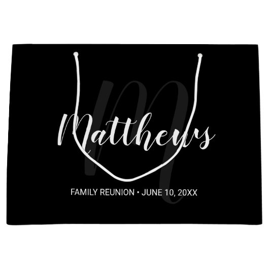 Modern persoonlijk monogram en familienaam zwart groot cadeauzakje (Voorkant)