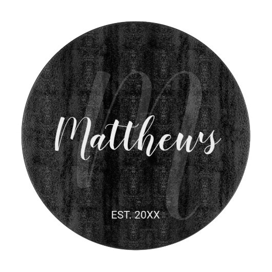 Modern persoonlijk monogram en familienaam zwart snijplank (Voorkant)