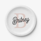 Modern Persoonlijk Monogram en Naam Lichtroze Papieren Bordje (Voorkant)