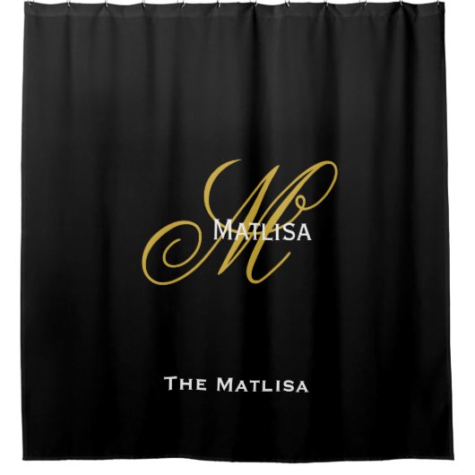 Modern persoonlijk zwart- en goudmonogram-script douchegordijn (Voorkant)