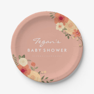 Modern Perzik Bloemen Baby shower Papier Borden Papieren Bordje