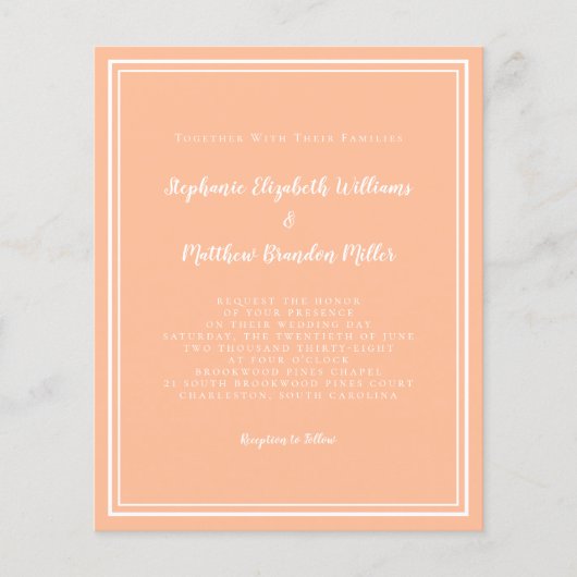 Modern perzik budget eenvoudige chique bruiloft ui (Voorkant)