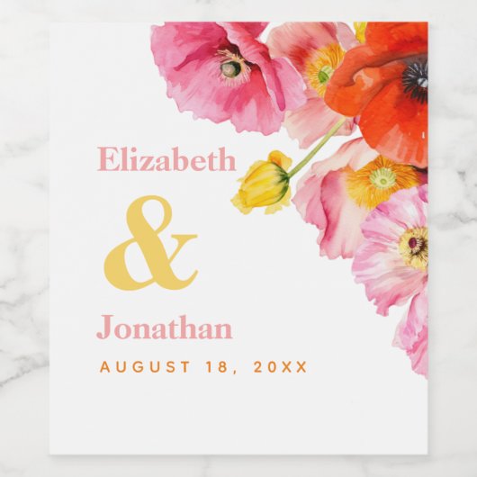 Modern Perzik Roze Sinaasappel Geel Poppies Bruilo Wijn Etiket (Enkel label)