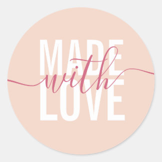 Modern perzik wit script gemaakt met liefde verpak ronde sticker