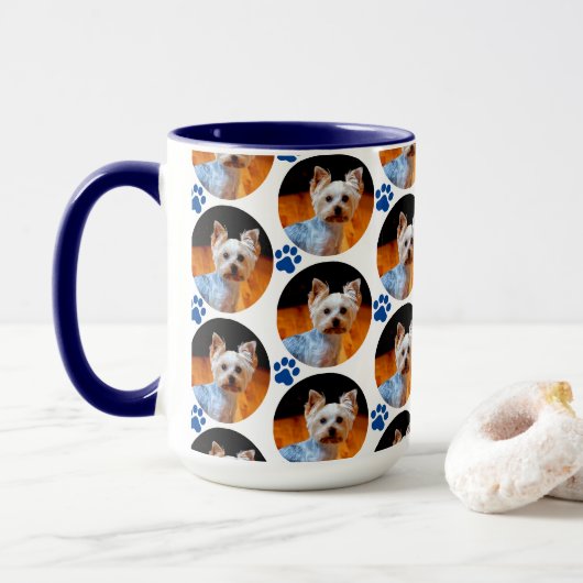 Modern Pet Photo Blue Paw Print Patroon  Mok (Met donut)
