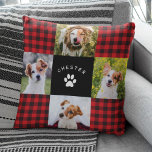 Modern Pet Photo Collage Red Buffalo Pset Quilt Kussen<br><div class="desc">Moderne rode buffelvlekjes met hokjes met hokjes voor foto's met ruimte voor vier foto's en de naam en pooafdrukken van uw huisdier omgeven door een leuk kantelpatroon raster.</div>