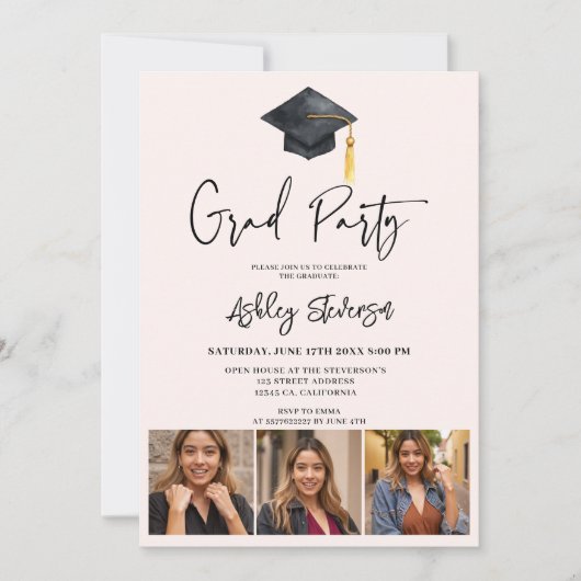 Modern Pet Roze Eenvoudige 4 Foto Graduation Party Kaart (Voorkant)