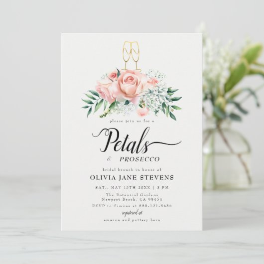 Modern Petals Prosecco Peach Rozen Bridal Brunch Kaart (Staand voorkant)